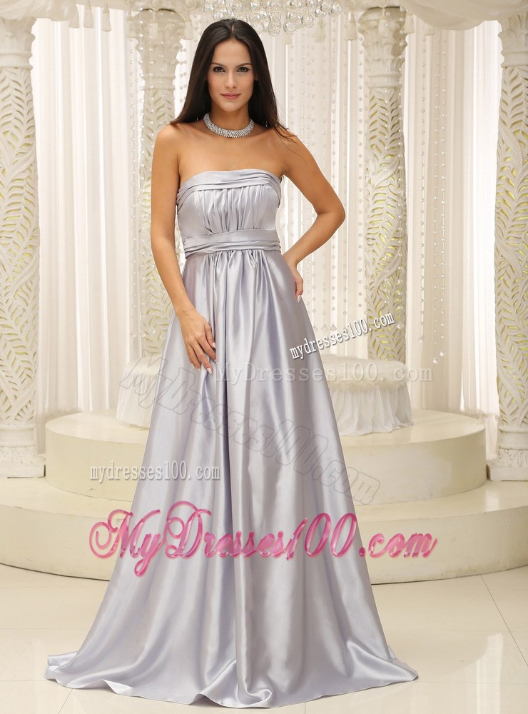 Elegant Strapless Silver Latest Style Prom Dress with Ruches and Brush Train