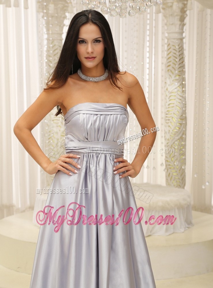 Elegant Strapless Silver Latest Style Prom Dress with Ruches and Brush Train