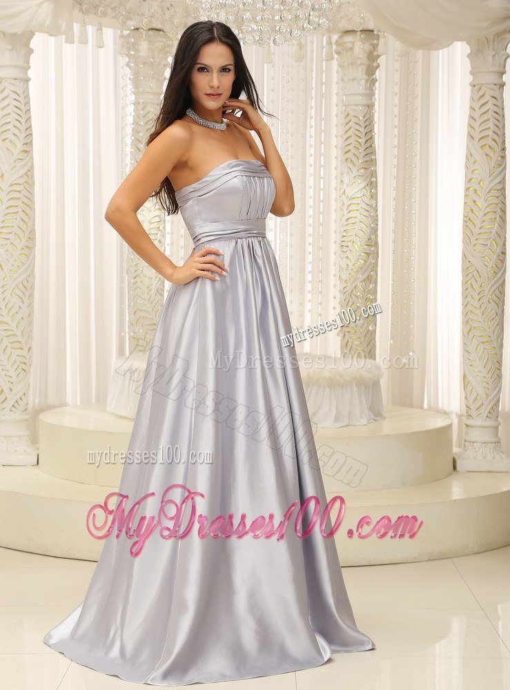 Elegant Strapless Silver Latest Style Prom Dress with Ruches and Brush Train