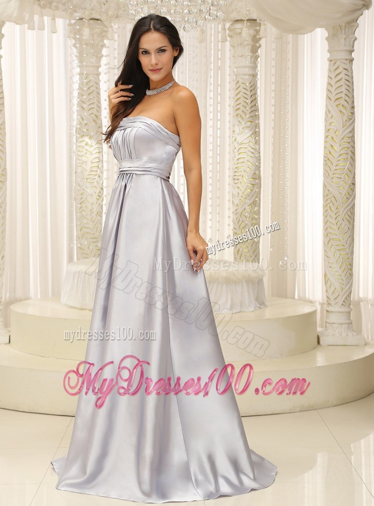 Elegant Strapless Silver Latest Style Prom Dress with Ruches and Brush Train