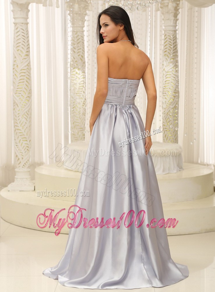 Elegant Strapless Silver Latest Style Prom Dress with Ruches and Brush Train