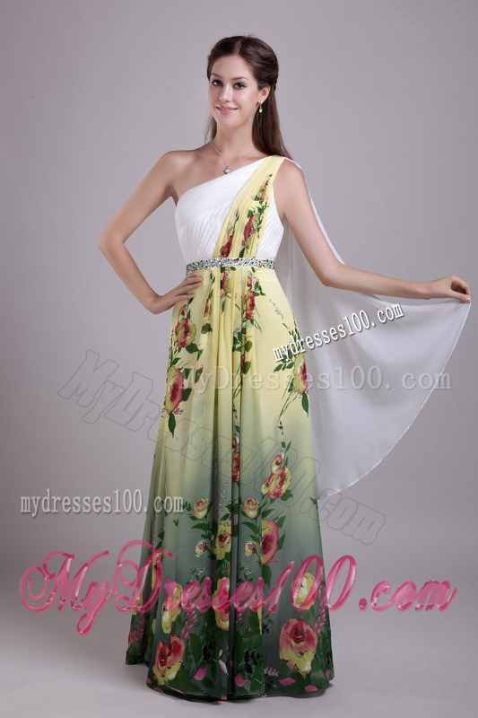 Colorful Printed Chiffon Gowns for Prom with One Shoulder and Floor-length