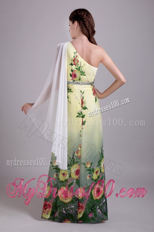 Colorful Printed Chiffon Gowns for Prom with One Shoulder and Floor-length