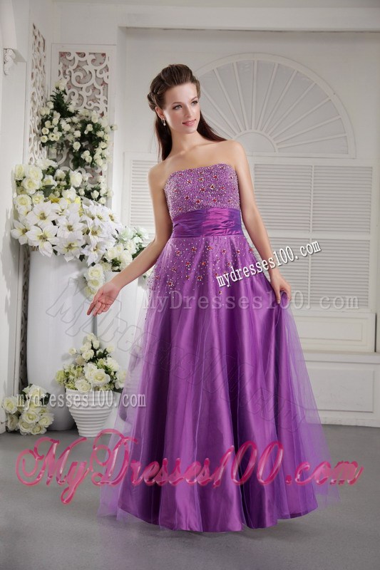 Elegant Eggplant Purple Princess Taffeta and Tulle Prom Gown of Floor-length