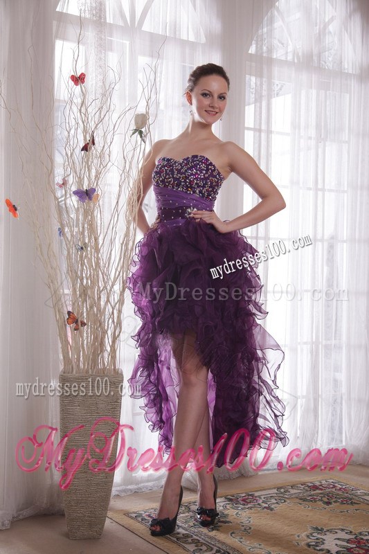 Trendy Purple High-low Organza Prom Dresses with Beading and Puffy Ruffles