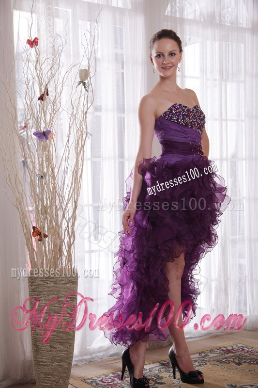 Trendy Purple High-low Organza Prom Dresses with Beading and Puffy Ruffles