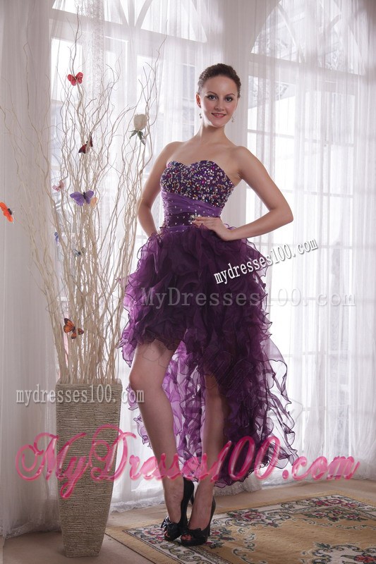 Trendy Purple High-low Organza Prom Dresses with Beading and Puffy Ruffles