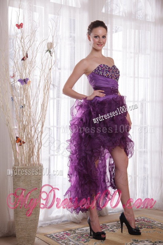 Trendy Purple High-low Organza Prom Dresses with Beading and Puffy Ruffles