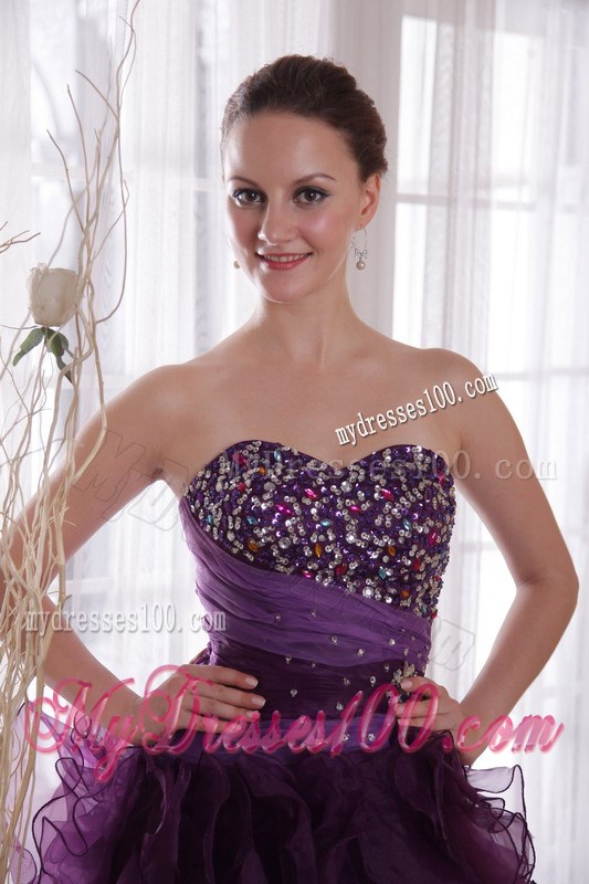 Trendy Purple High-low Organza Prom Dresses with Beading and Puffy Ruffles