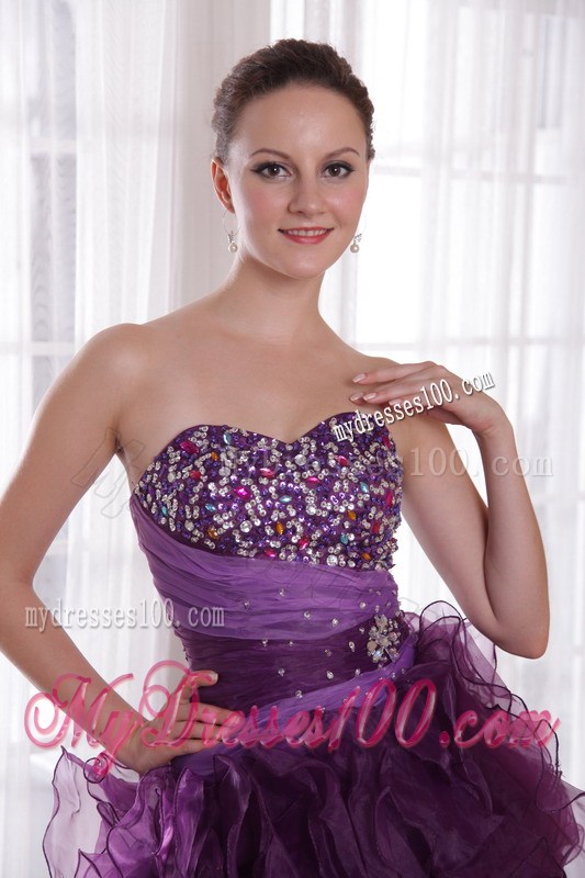 Trendy Purple High-low Organza Prom Dresses with Beading and Puffy Ruffles