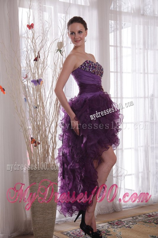 Trendy Purple High-low Organza Prom Dresses with Beading and Puffy Ruffles