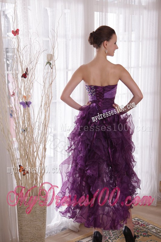 Trendy Purple High-low Organza Prom Dresses with Beading and Puffy Ruffles
