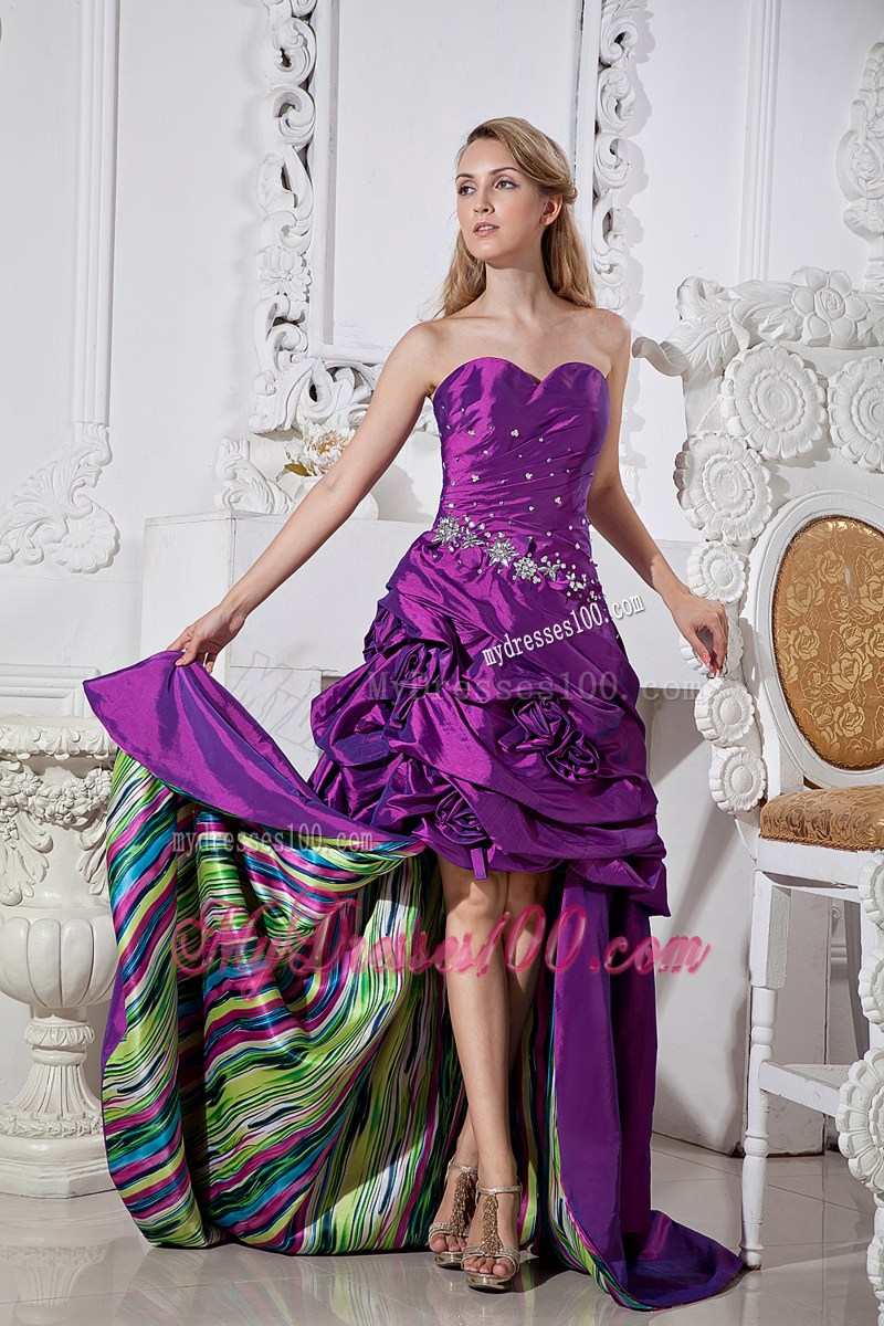 Beaded and Flowery Eggplant High-low Prom Dress with Pick-ups and Print