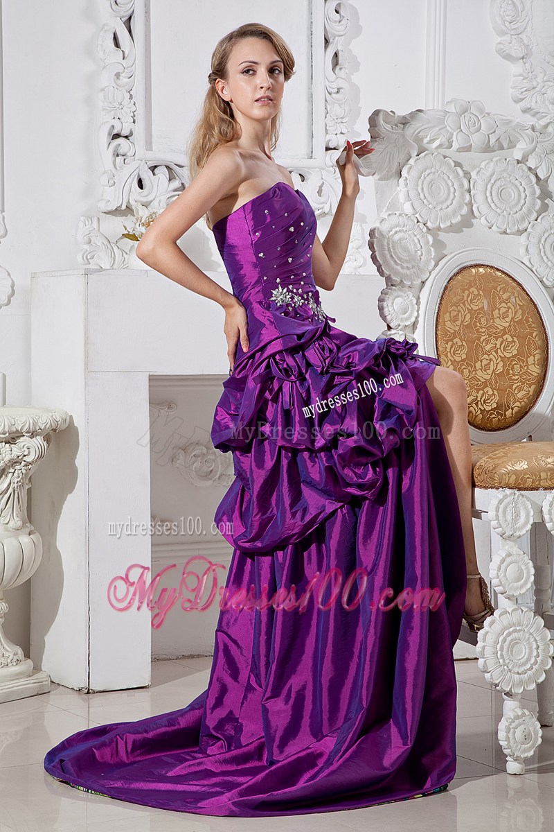 Beaded and Flowery Eggplant High-low Prom Dress with Pick-ups and Print