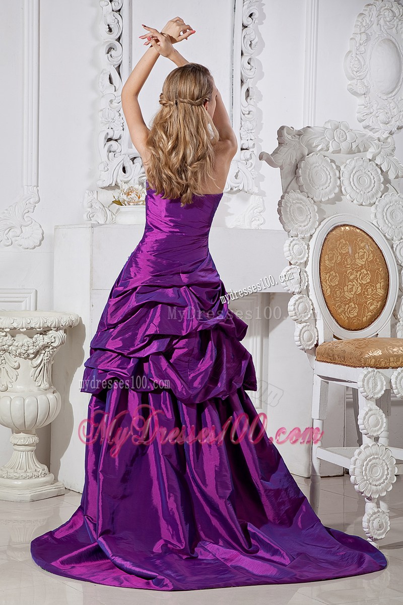 Beaded and Flowery Eggplant High-low Prom Dress with Pick-ups and Print