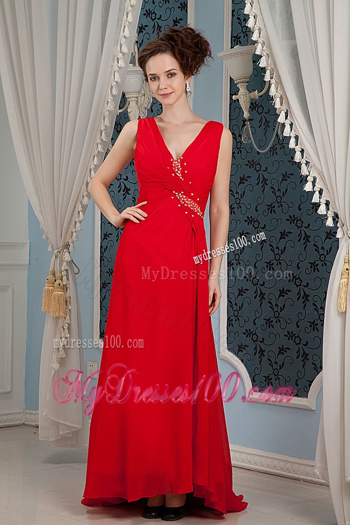 V-neck and High Slit Accent Ruched Red Prom Gown with Brush Train