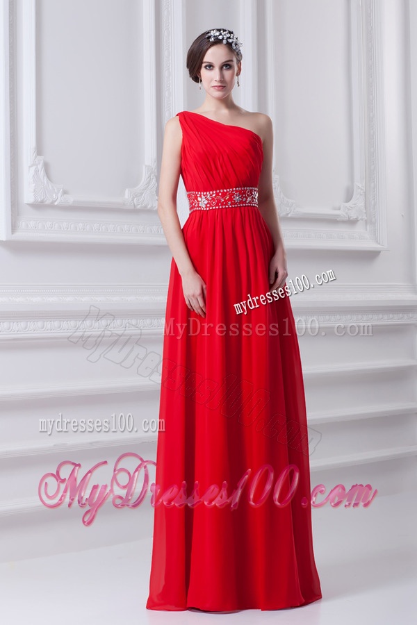 Red Empire One Shoulder Chiffon Evening Dress with Beading and Ruching