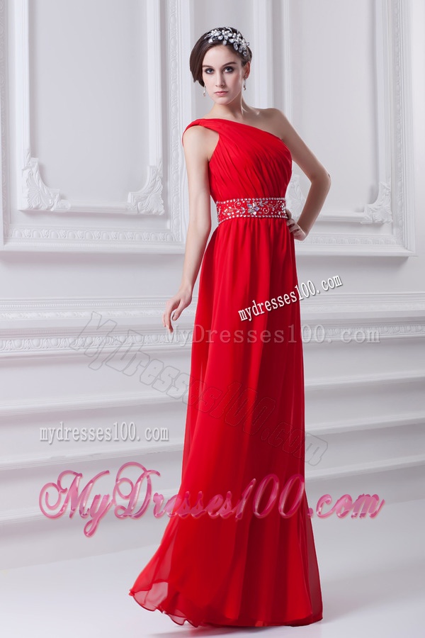 Red Empire One Shoulder Chiffon Evening Dress with Beading and Ruching