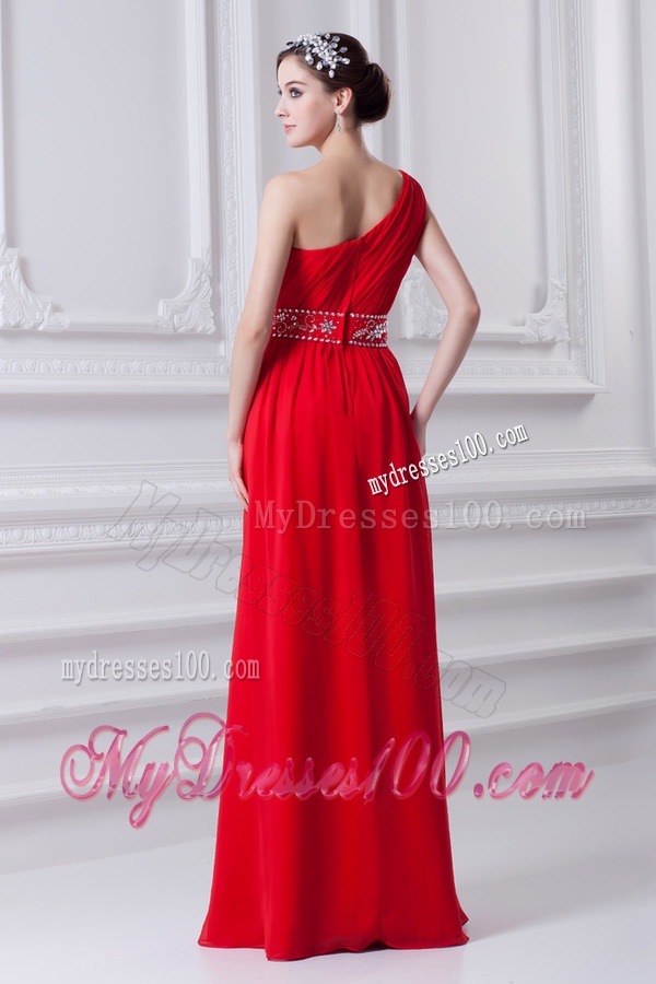 Red Empire One Shoulder Chiffon Evening Dress with Beading and Ruching