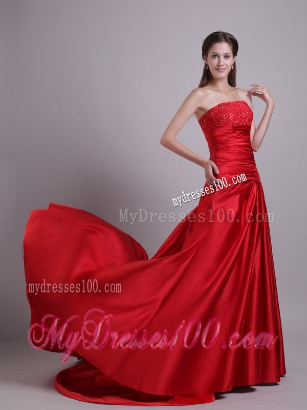 Popular Red Taffeta Dress for Prom with Beading and Ruches Court Tain