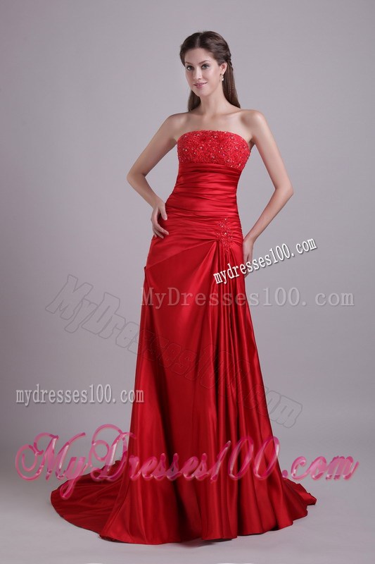 Popular Red Taffeta Dress for Prom with Beading and Ruches Court Tain