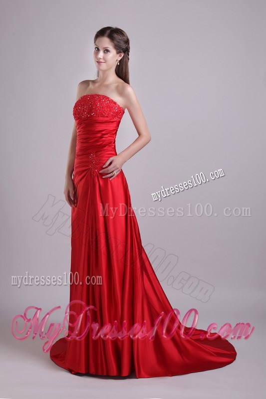 Popular Red Taffeta Dress for Prom with Beading and Ruches Court Tain