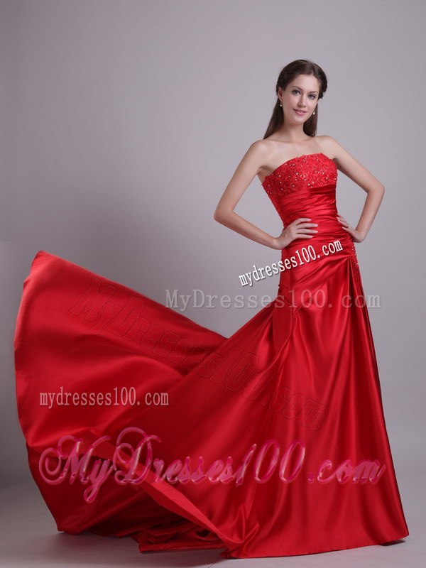 Popular Red Taffeta Dress for Prom with Beading and Ruches Court Tain