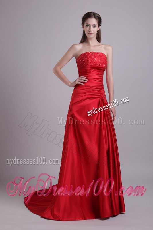 Popular Red Taffeta Dress for Prom with Beading and Ruches Court Tain