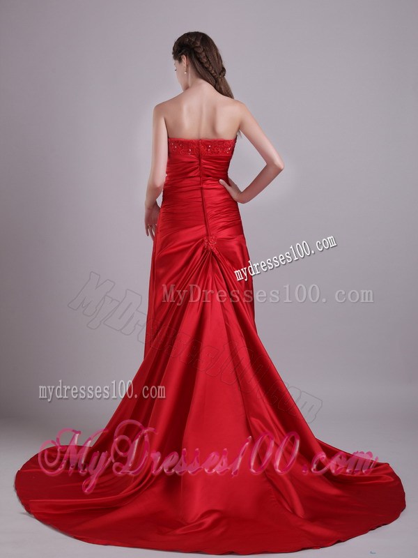 Popular Red Taffeta Dress for Prom with Beading and Ruches Court Tain