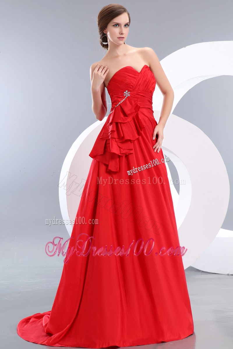 Custom Made Brush Train Red Empire Prom Dresses with Ruches and Ruffles