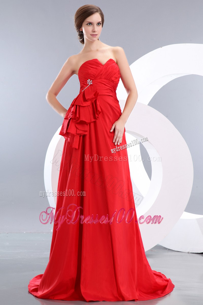 Custom Made Brush Train Red Empire Prom Dresses with Ruches and Ruffles