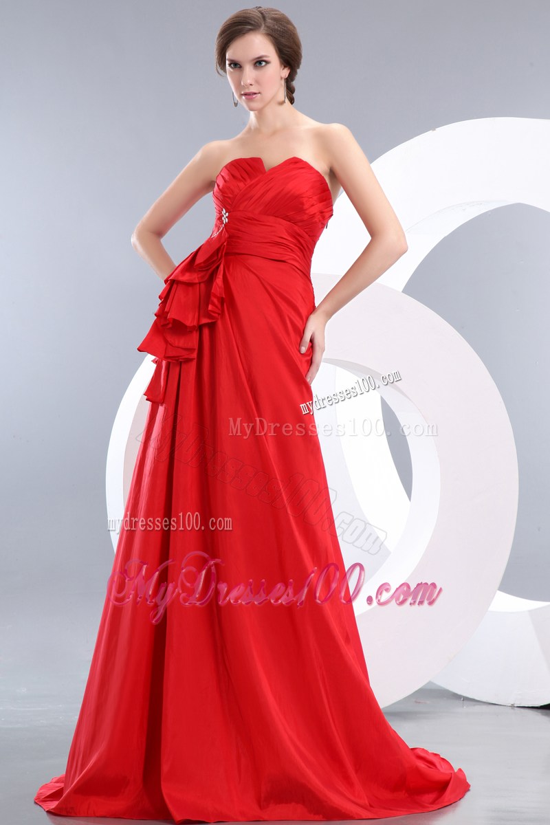 Custom Made Brush Train Red Empire Prom Dresses with Ruches and Ruffles