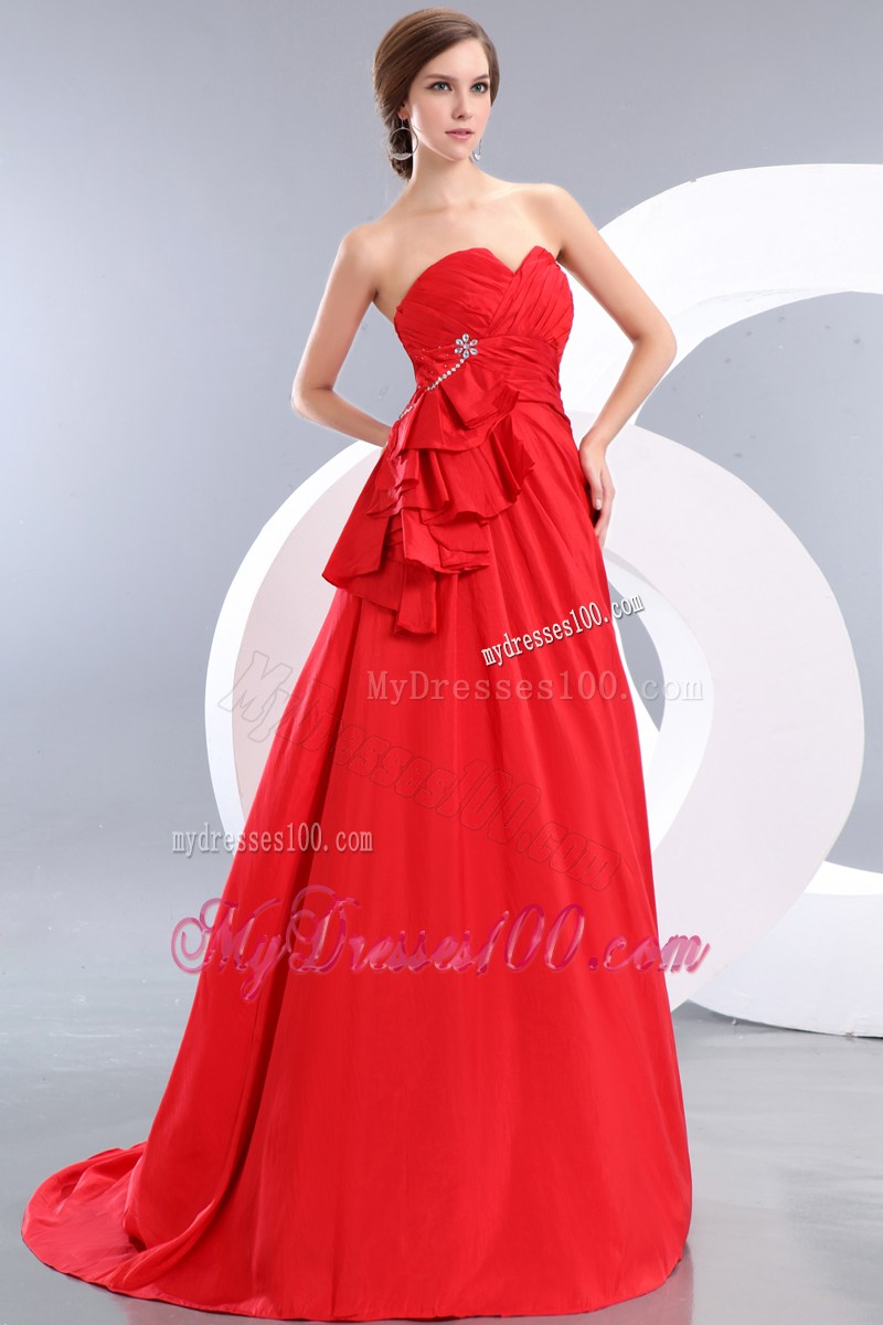 Custom Made Brush Train Red Empire Prom Dresses with Ruches and Ruffles