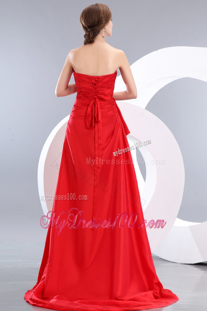 Custom Made Brush Train Red Empire Prom Dresses with Ruches and Ruffles