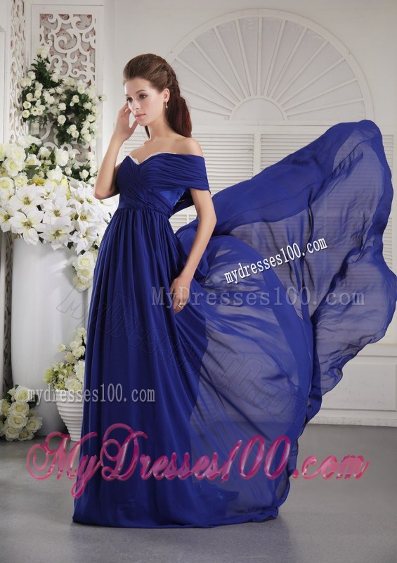 Asymmetrical Blue Empire Chiffon Ruched Dresses for Prom with Court Train