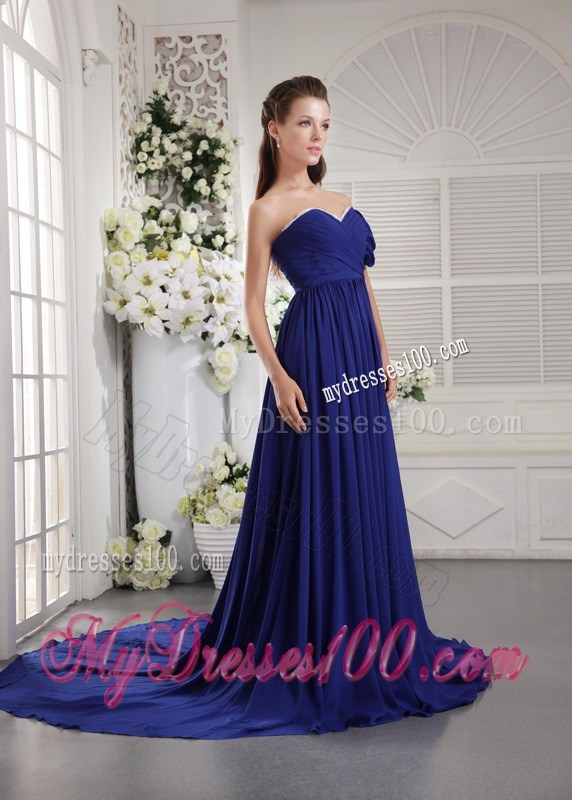 Asymmetrical Blue Empire Chiffon Ruched Dresses for Prom with Court Train