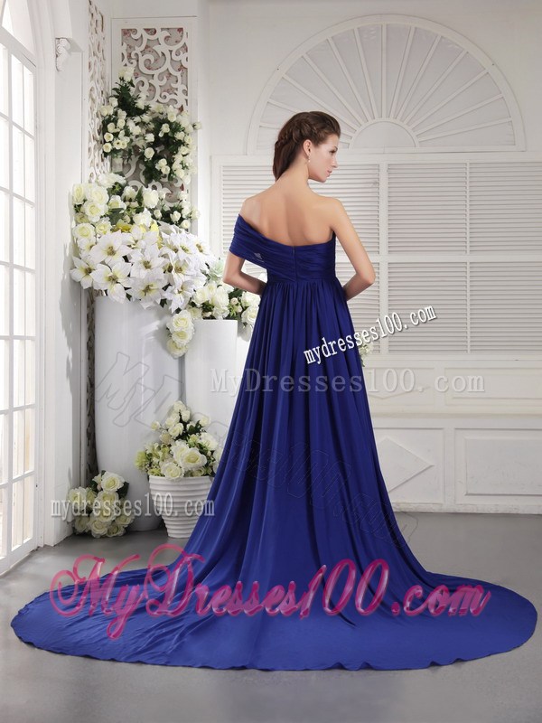 Asymmetrical Blue Empire Chiffon Ruched Dresses for Prom with Court Train
