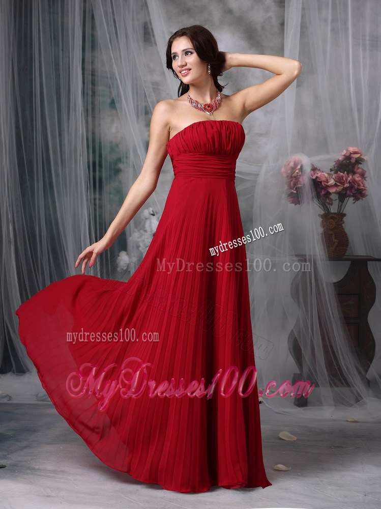 Ruched and Pleated Wine Red Floor-length Prom Gown Strapless and Sleeveless