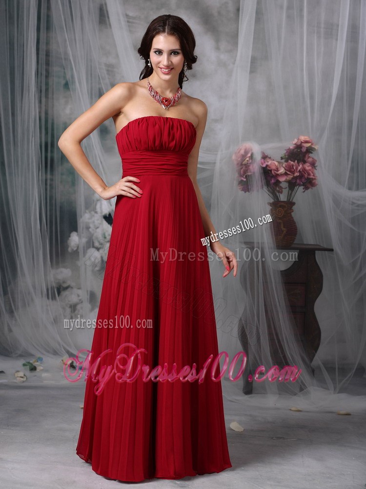 Ruched and Pleated Wine Red Floor-length Prom Gown Strapless and Sleeveless