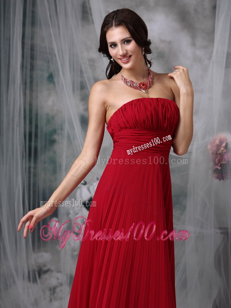 Ruched and Pleated Wine Red Floor-length Prom Gown Strapless and Sleeveless