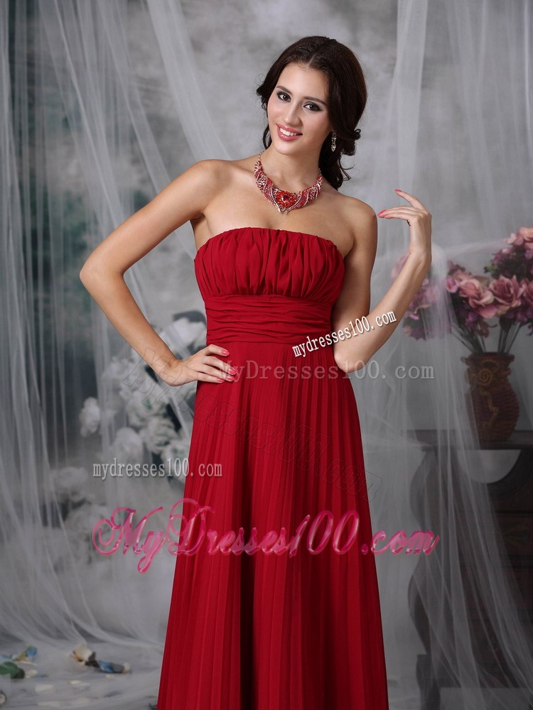 Ruched and Pleated Wine Red Floor-length Prom Gown Strapless and Sleeveless