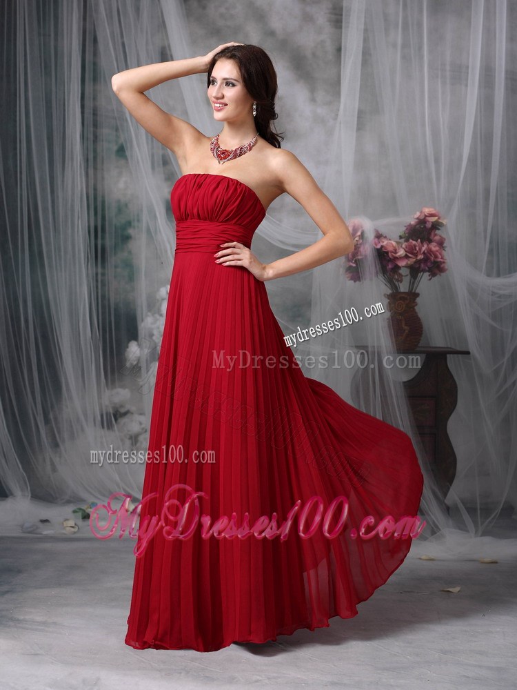 Ruched and Pleated Wine Red Floor-length Prom Gown Strapless and Sleeveless