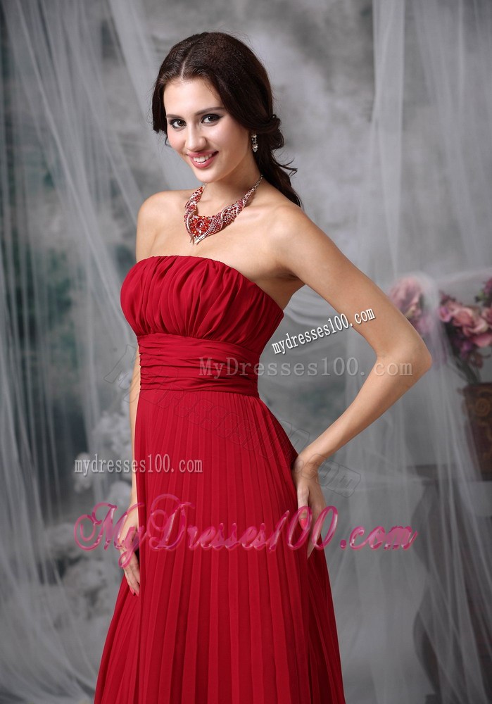 Ruched and Pleated Wine Red Floor-length Prom Gown Strapless and Sleeveless