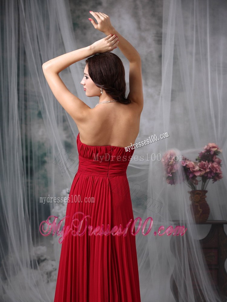 Ruched and Pleated Wine Red Floor-length Prom Gown Strapless and Sleeveless