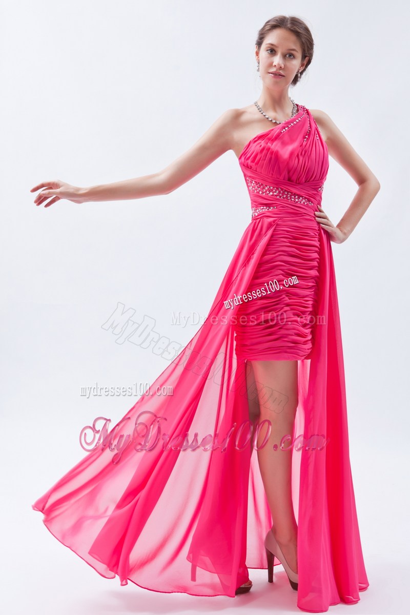 One Shoulder and Front Short Back Long Ruched Prom Gown in Hot Pink