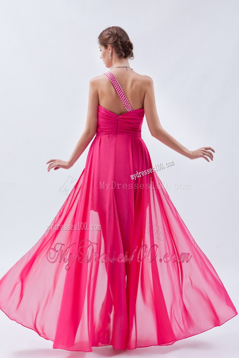 One Shoulder and Front Short Back Long Ruched Prom Gown in Hot Pink
