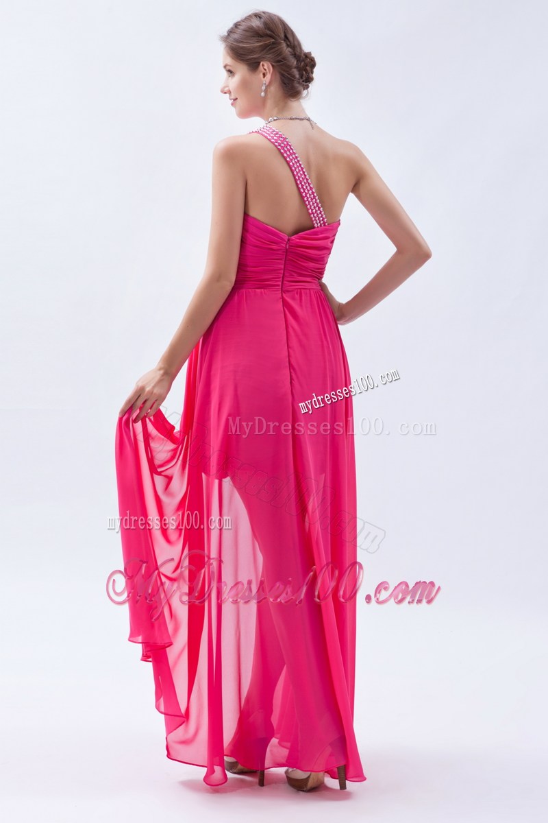 One Shoulder and Front Short Back Long Ruched Prom Gown in Hot Pink
