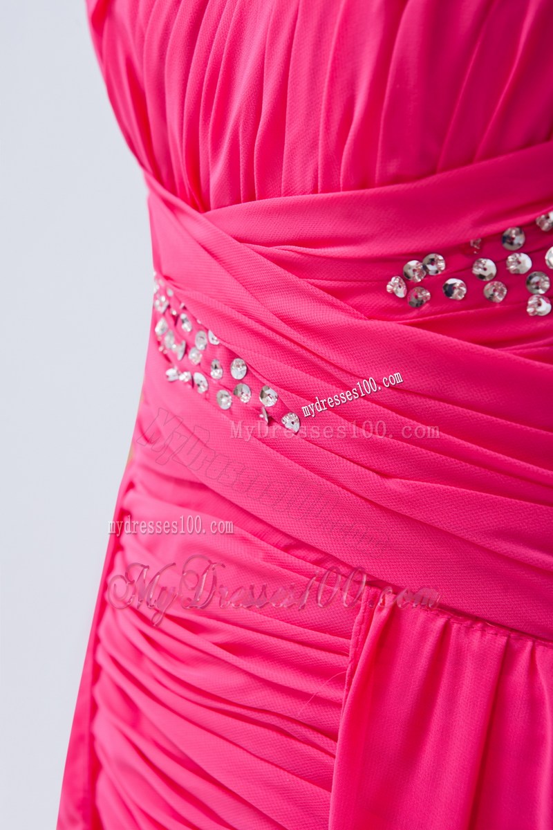 One Shoulder and Front Short Back Long Ruched Prom Gown in Hot Pink