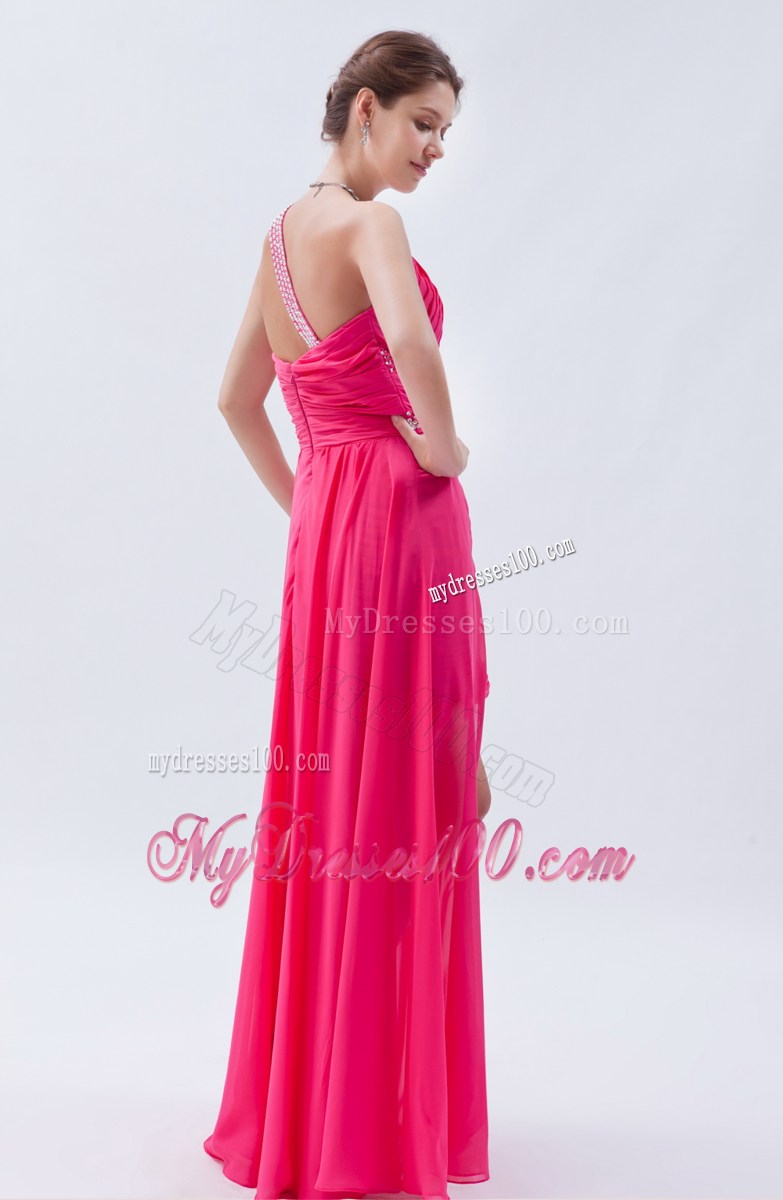 One Shoulder and Front Short Back Long Ruched Prom Gown in Hot Pink