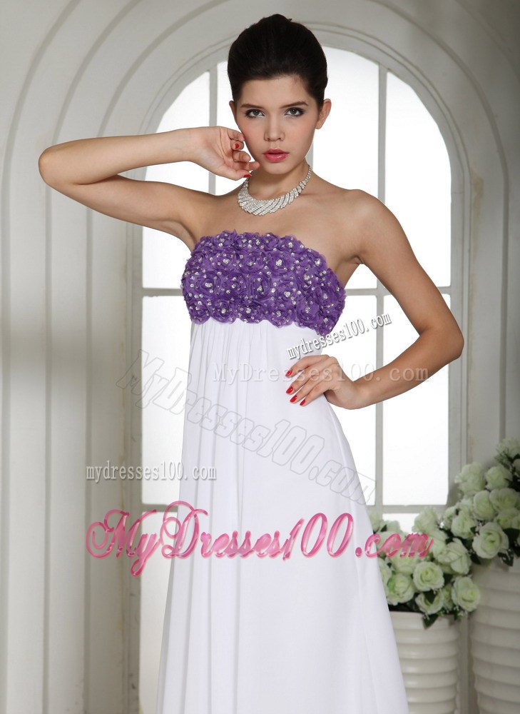 Romantic Purple and White Empire Chiffon Appliqued Prom Dresses Floor-length